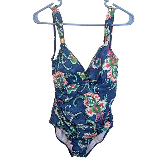 Lauren Ralph Lauren Womens One Piece Swimsuit Blue Floral Paisley Size 8 - Picture 1 of 13